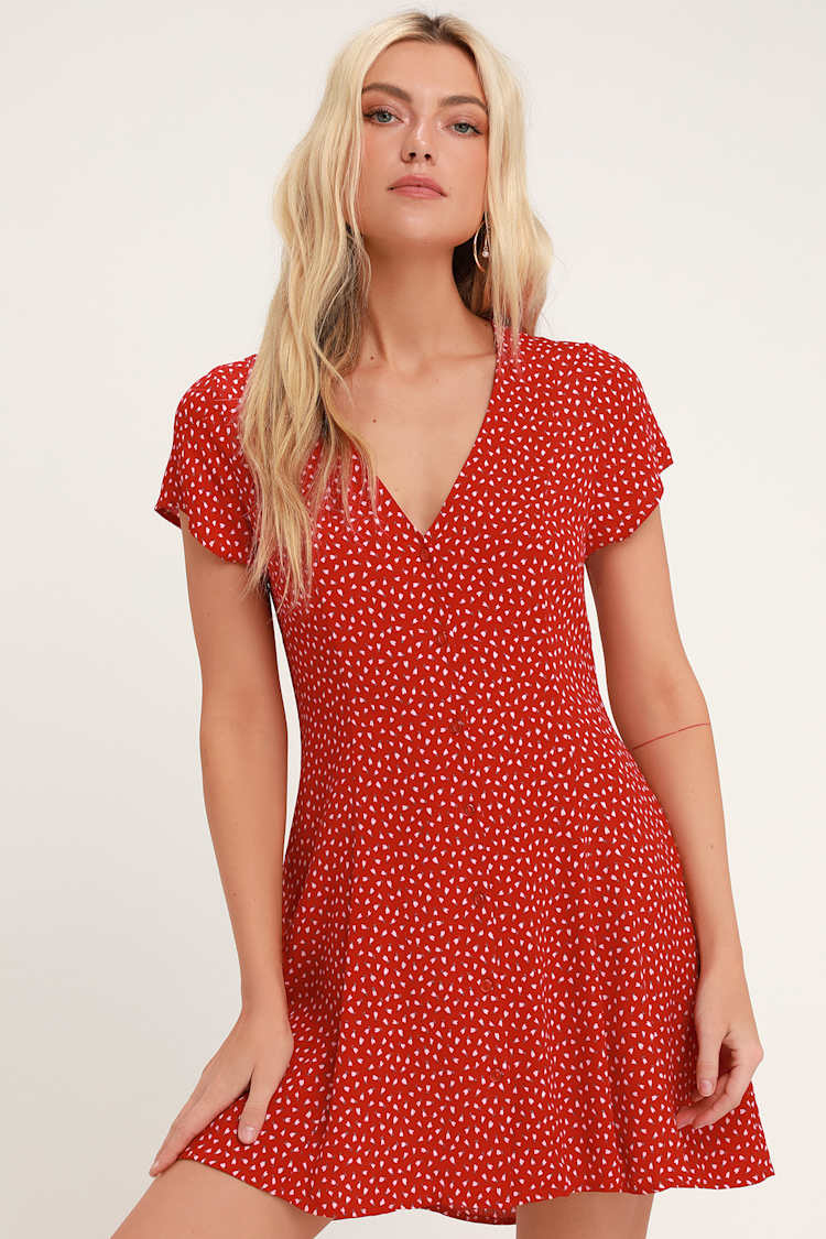 milla red floral print button up mini dress Rolla's Milla - Red Floral Print Mini Dress - Button-Up Dress