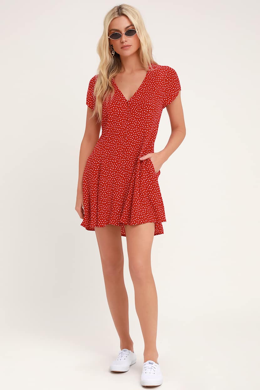 milla red floral print button up mini dress Rolla's Milla - Red Floral Print Mini Dress - Button-Up Dress