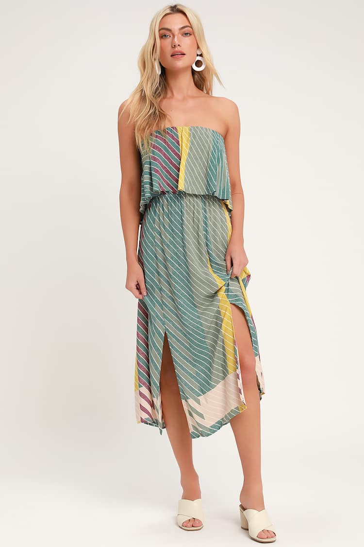 O'Neill Koi Dress - Sage Green Multi Striped Dress - Midi Dress - Lulus