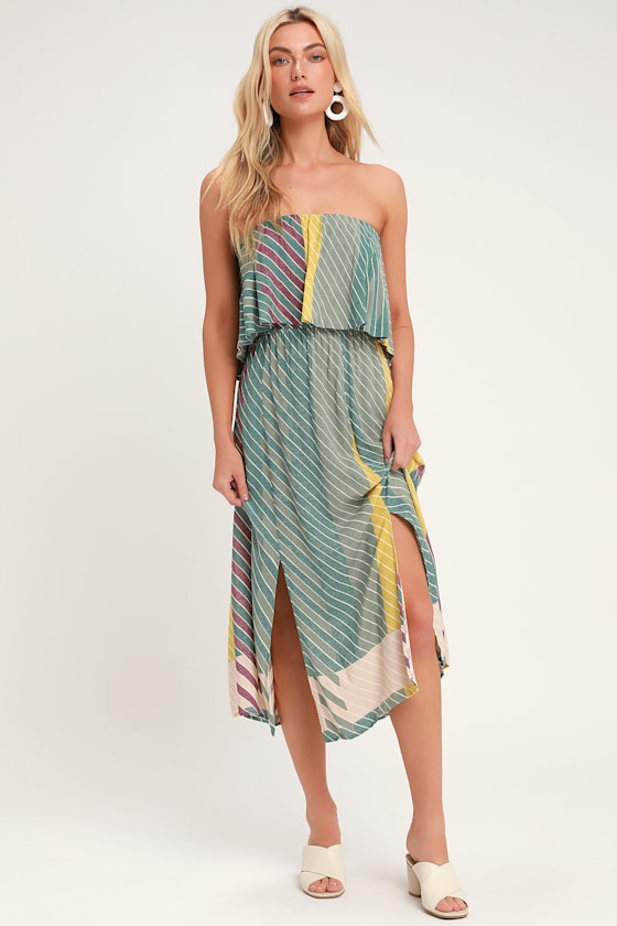 Koi Sage Green Multi Striped Strapless Midi Dress 2