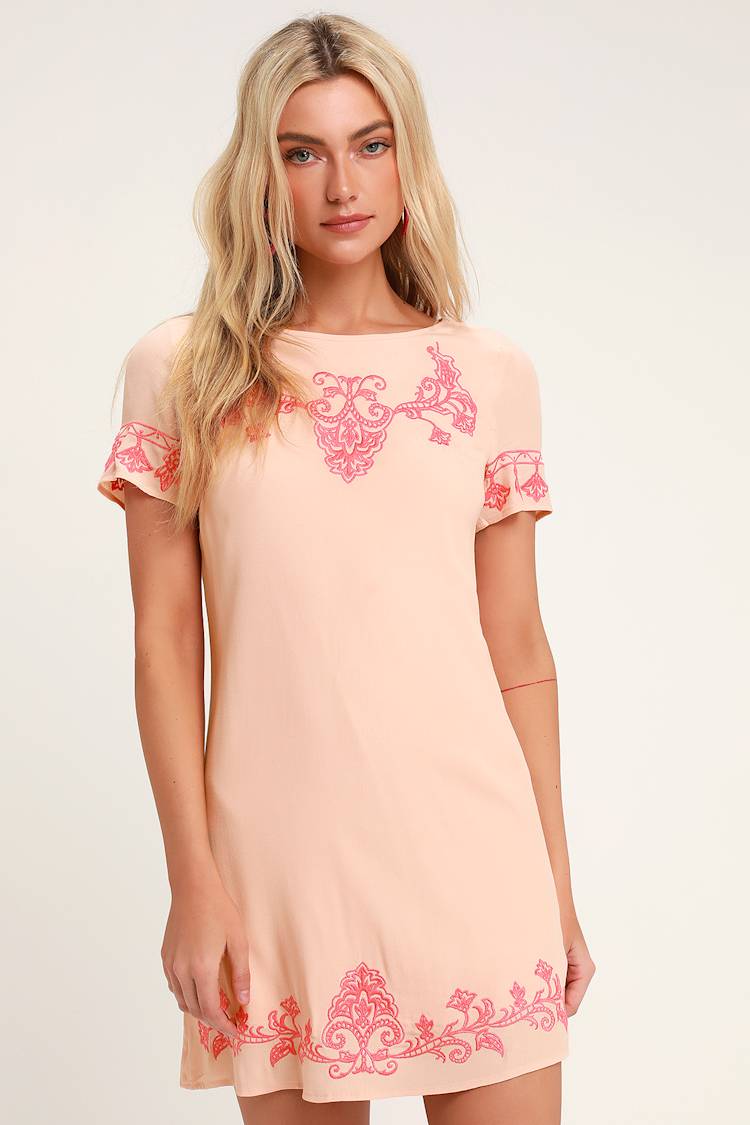 Cute Light Coral and Pink Dress - Embroidered Dress - Shift Dress - Lulus