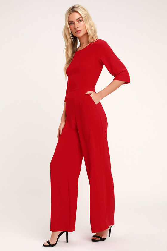 red wide leg jumpsuit