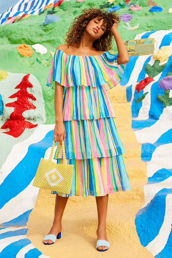 Gala Ready Multi Stripe Print Off-the-Shoulder Ruffle Midi Dress 5