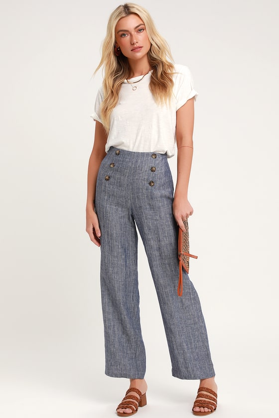 Chic Dark Blue Chambray Pants - Button-Front Pants - Culottes - Lulus