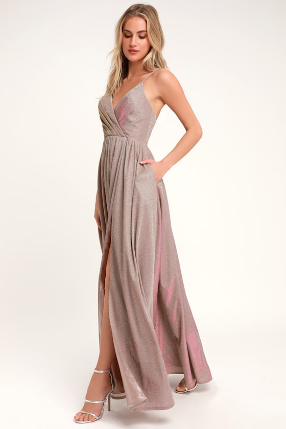 Glam Iridescent Blush Gown Glitter Gown Metallic Maxi Dress Lulus