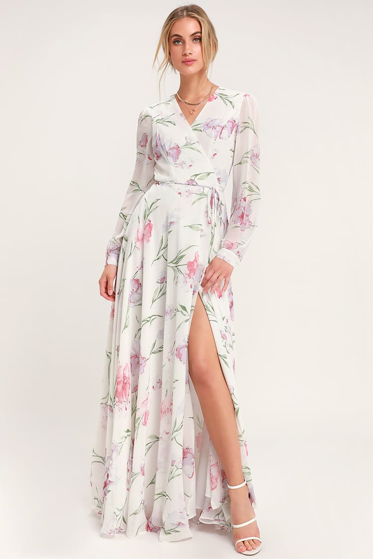 White Elegantly Inclined Cream Floral Print Wrap Maxi Dress | Womens | Small Available in M L | 100% Polyester | Lulus Exclusive