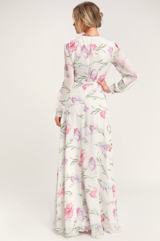 Glam White Dress - Floral Print Maxi 