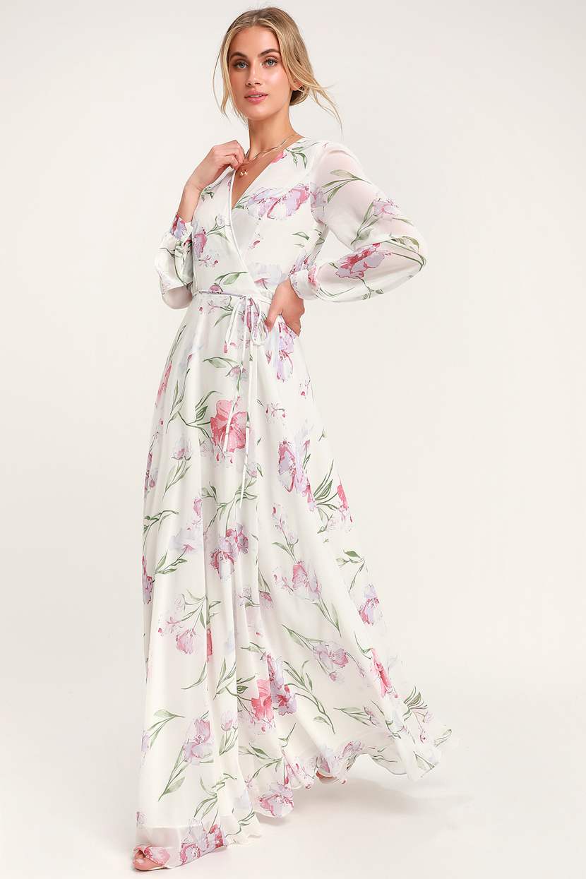 white printed silky long sleeve wrap dress White Long Sleeve Wrap Dress | Womens | Small (Available in M, L) | 100% Polyester | Lulus