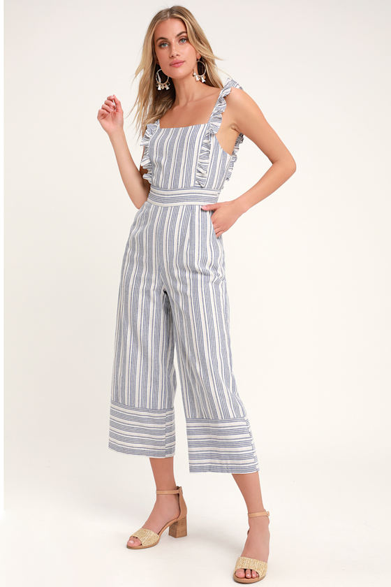 Darling Square Neckline Jumpsuit Blue Striped Culotte Jumpsuit Lulus