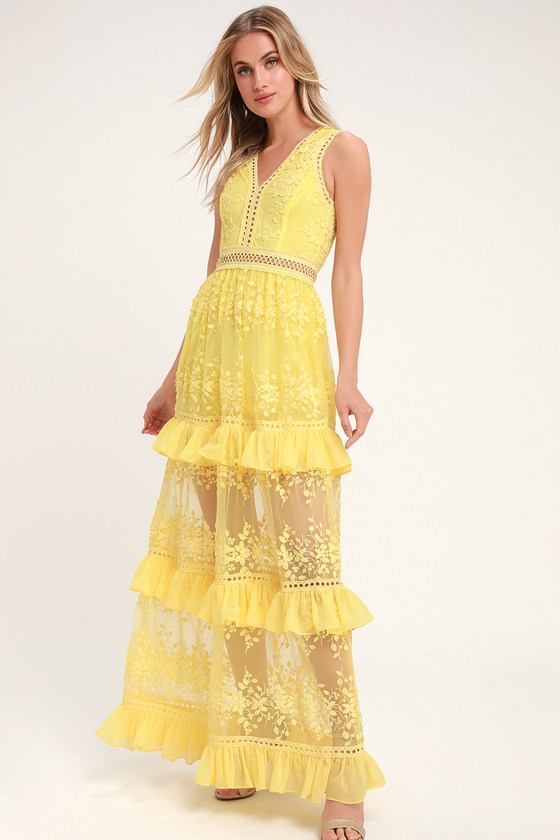 Garden Dreams Yellow Lace Tiered Maxi Dress