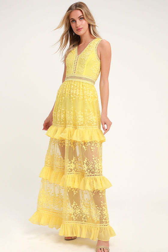 Lovely Embroidered Maxi Tiered Maxi Dress Yellow Maxi Dress Lulus
