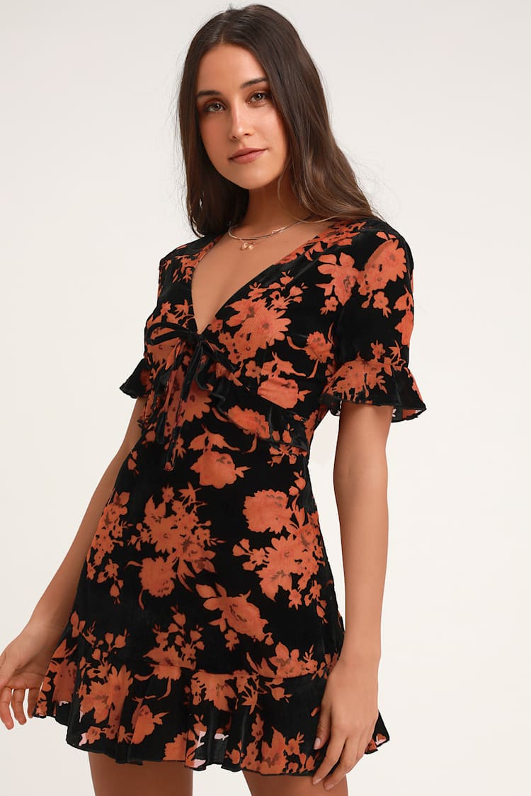 Lovely Black Velvet Floral Print Dress - Velvet Mini Dress