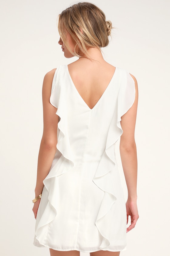 white sleeveless ruffle dress