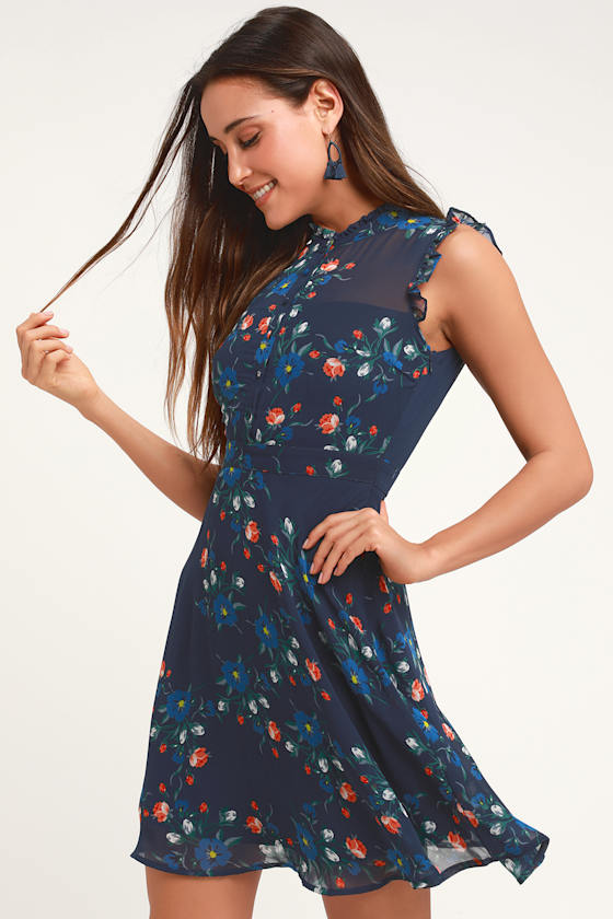 Cute Navy Blue Floral Print Dress - Blue Floral Print Dress - Lulus