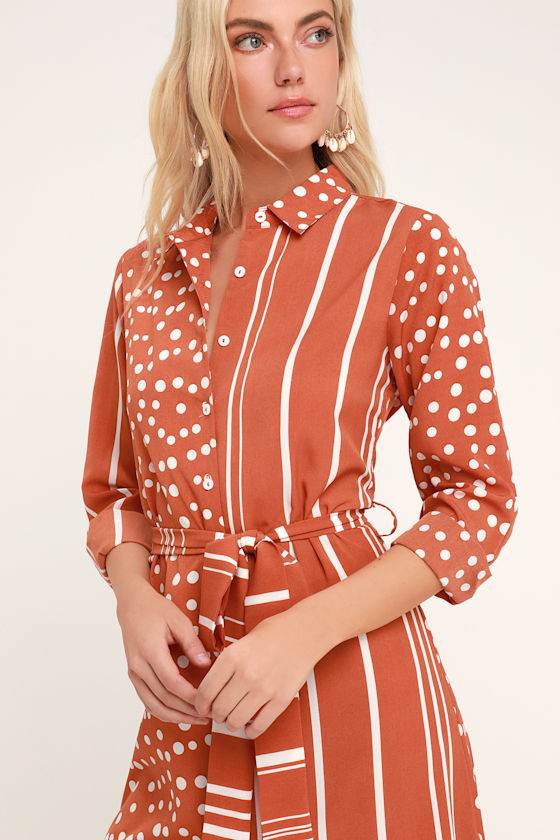 Via Dolce Rust Orange Striped Polka Dot Long Sleeve Shirt Dress 8