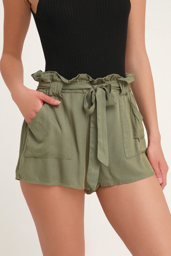 Olive Green Shorts - Paper Bag Shorts 