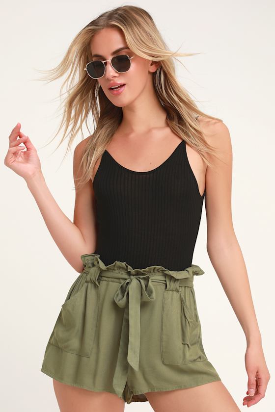Belt It Out Olive Green Paper Bag Waist Shorts 6
