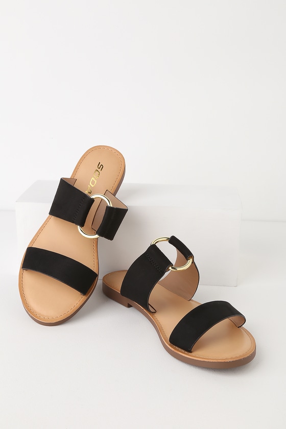 Cute Slide Sandals - Vegan Suede Sandals - Black Flat Sandals - Lulus