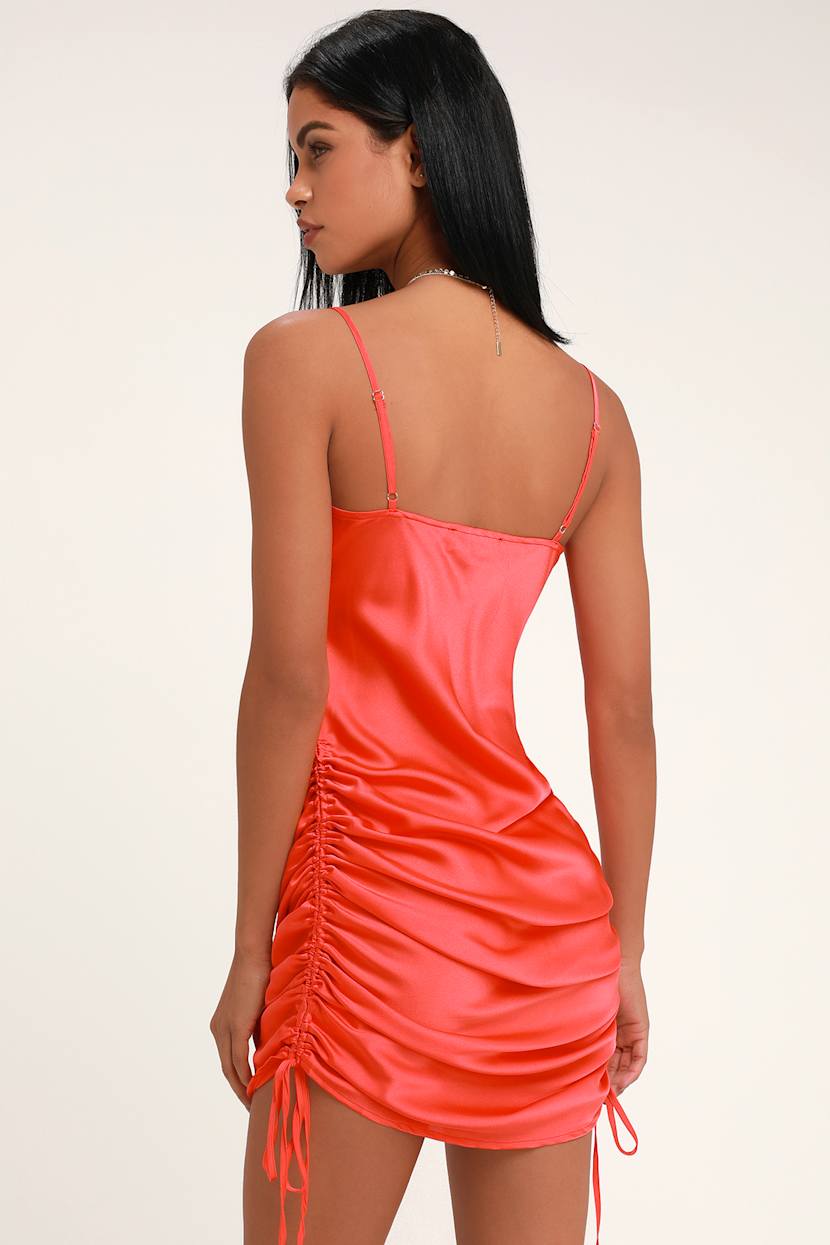 Minx Coral Pink Satin Ruched Mini Slip Dress