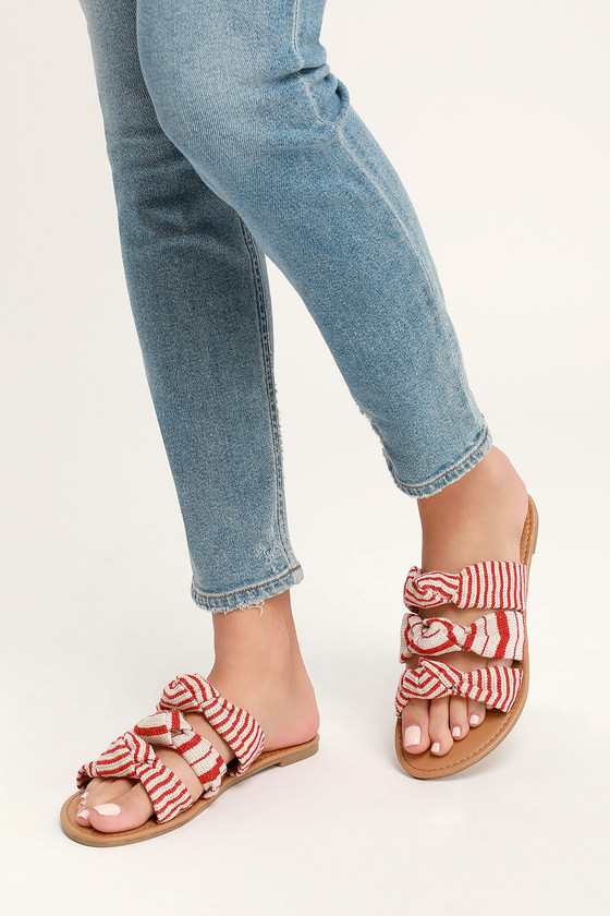 Cute Beige and Red Sandals - Striped Sandals - Slide Sandals