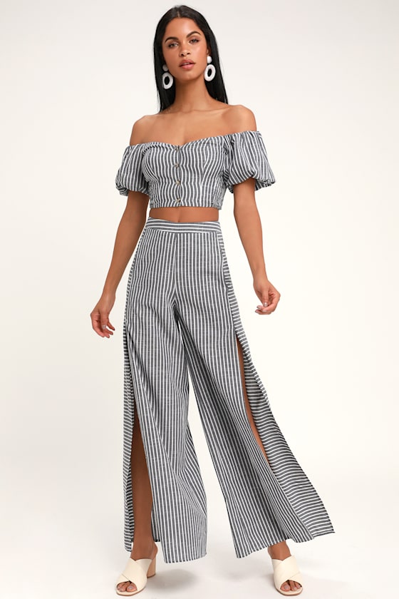 Bellport Blue and White Striped Wide-Leg Two-Piece Jumpsuit 6