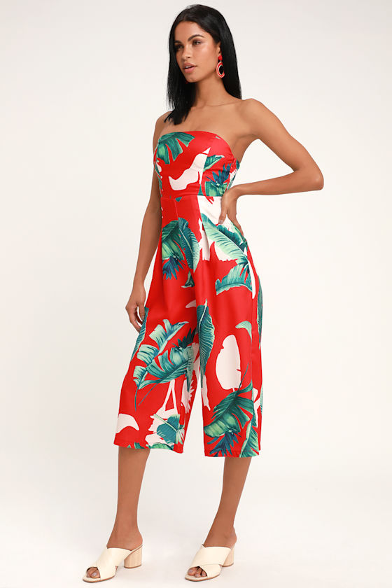 Rainforest Blooms Red Print Strapless Midi Jumpsuit 2