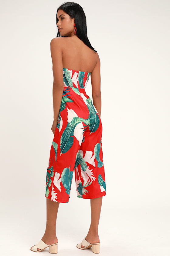 Rainforest Blooms Red Print Strapless Midi Jumpsuit 3