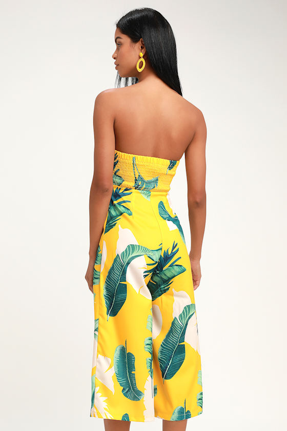 Cute Yellow Jumpsuit Tropical Print Jumpsuit Culotte Jumpsuit