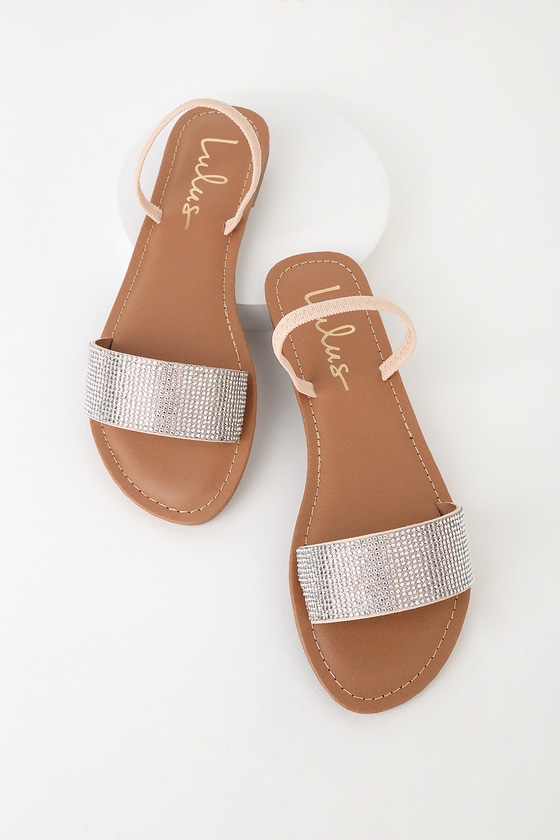 Tan Rhinestone Sandals - Flat Sandals - Vegan Sandals - Lulus