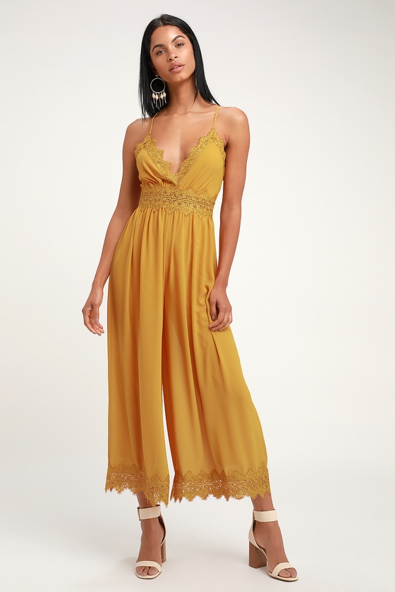 Boho Mustard Yellow Wide-Leg Jumpsuit - Lace Culotte Jumpsuit - Lulus