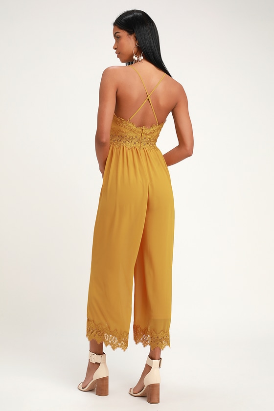 Boho Mustard Yellow Wide-Leg Jumpsuit - Lace Culotte Jumpsuit - Lulus