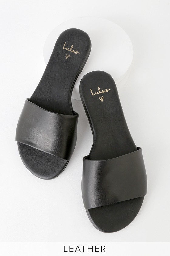 flat black leather slides