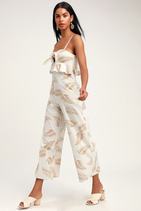 Twist Flirt White Palm Print Tie-Front Jumpsuit 1