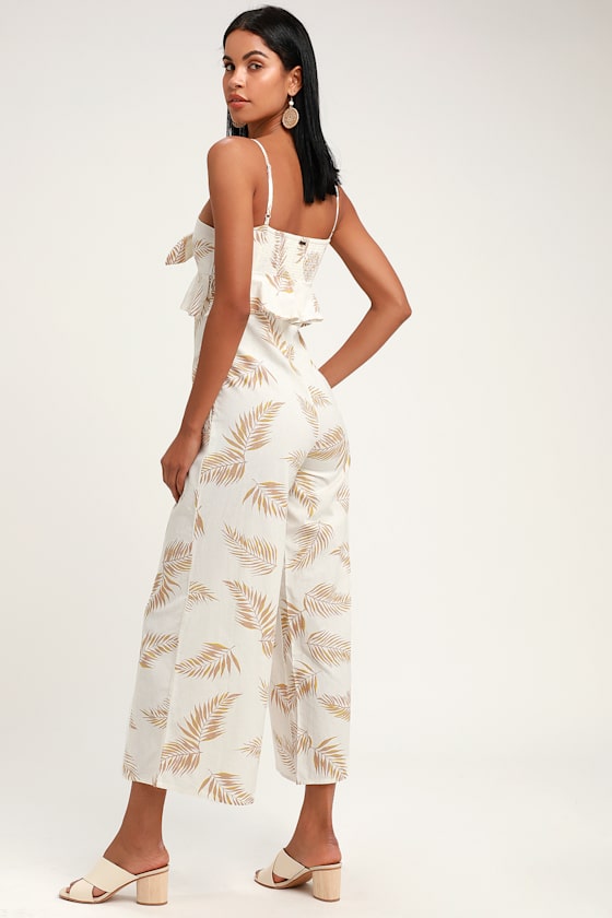 Twist Flirt White Palm Print Tie-Front Jumpsuit 2
