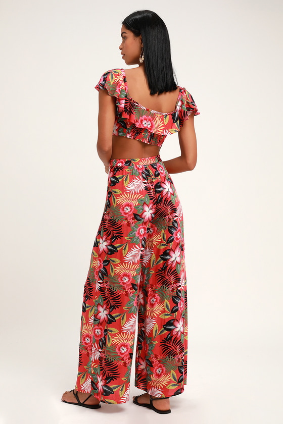 Cute Coral Red Tropical Print Two-Piece Jumpsuit - Two-Piece Set