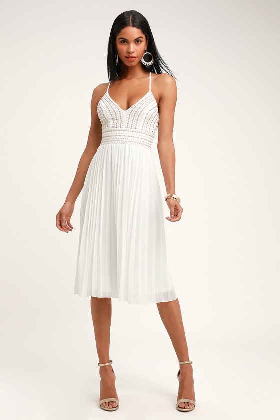 Lovely White Embroidered Dress - Midi Dress - Pleated Midi Dress - Lulus