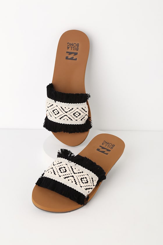 One Way Black and White Woven Slide Sandals 1