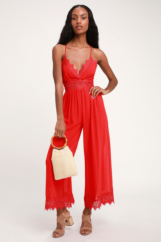 Sunny Day Dream Red Lace Culotte Jumpsuit