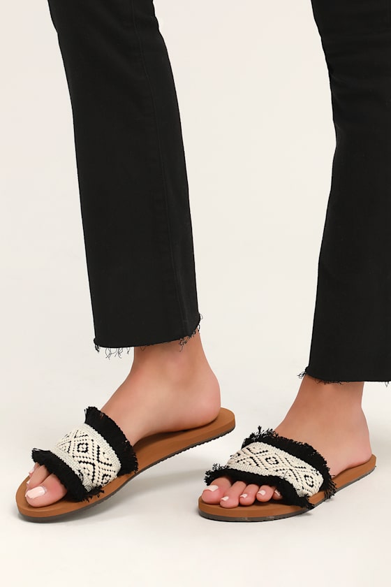 One Way Black and White Woven Slide Sandals 5