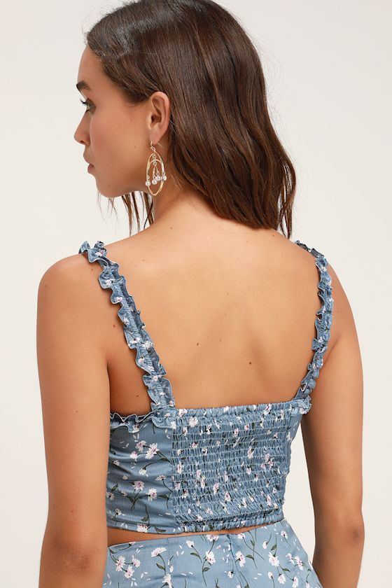 Cute Dusty Blue Floral Print Top - Blue Crop Top - Ruffled Top - Lulus