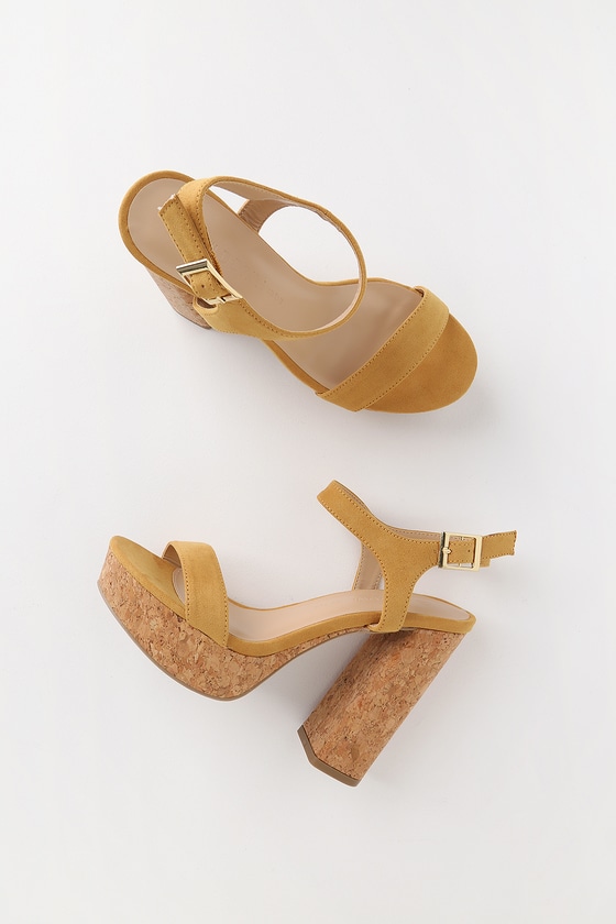 Cute Mustard Sandals - Cork Platform Sandals - Yellow Sandals - Lulus