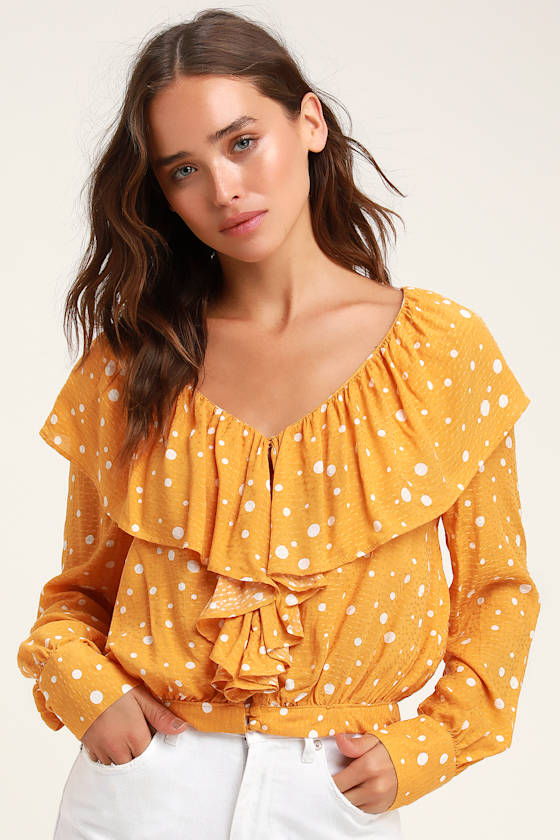 Mustard Yellow Polka Dot Top Ruffled Top ButtonUp Top Lulus
