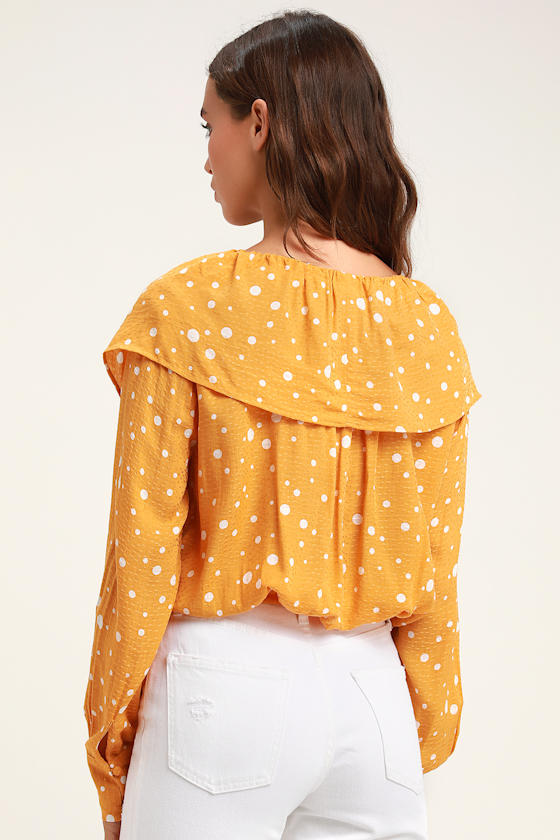 Mustard Yellow Polka Dot Top Ruffled Top ButtonUp Top Lulus