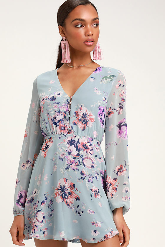 Always Yours Light Blue Floral Print Long Sleeve Skater Dress 2