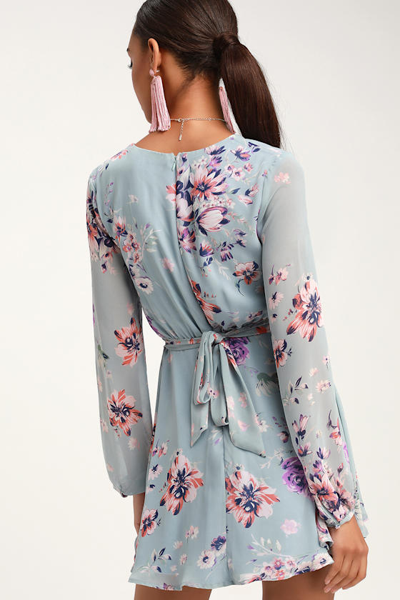 Always Yours Light Blue Floral Print Long Sleeve Skater Dress 3