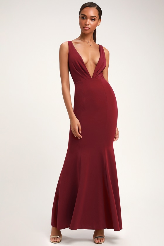 Stunning Burgundy Dress - Mermaid Maxi Dress - Plunging Dress - Lulus