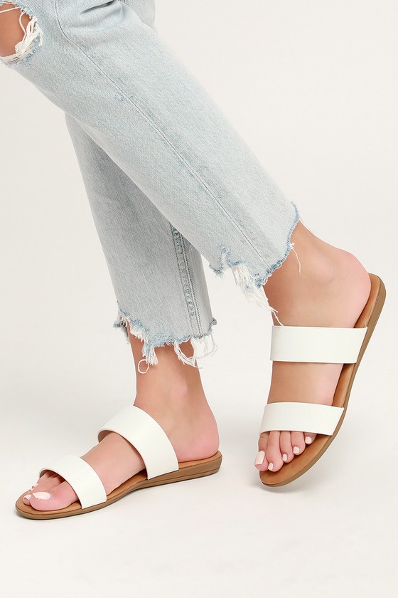 white flat slide sandals