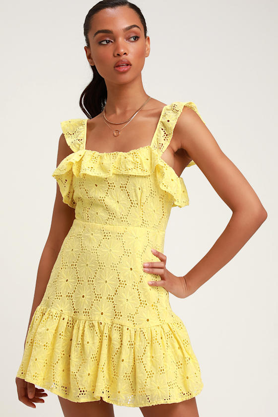 Biscay Yellow Ruffled Eyelet Lace Sleeveless Dress 1