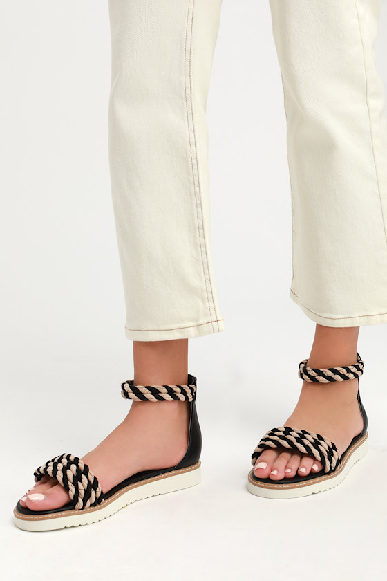 On a Pedestal Black and Beige Ankle-Strap Sandals 1
