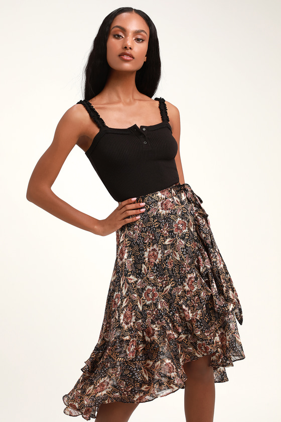Cute Black Floral Print Wrap Skirt - Metallic Wrap Skirt - Lulus
